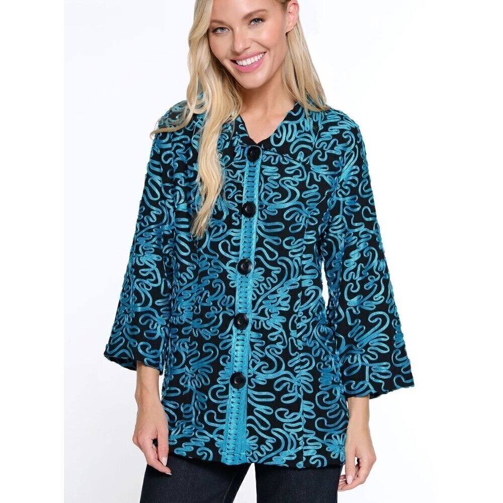 Ali Miles Black Turquoise Blue Soutache Trim Jacket NWT
